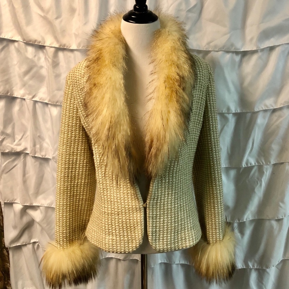 Cream and Gold Tweed Fox Fur Trimmed Jacket